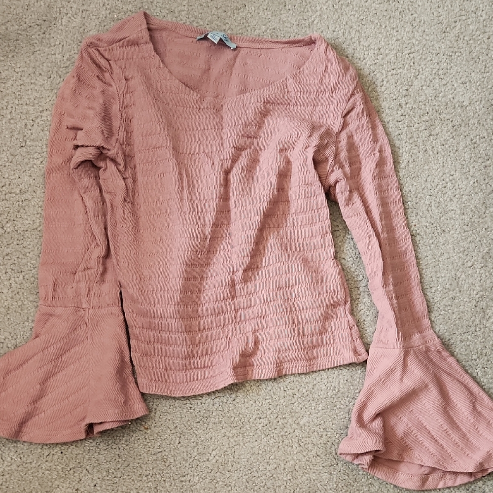 She + Sky Dusty Rose Long Sleeve Textured Tee with Ruffle Bell Sleeves